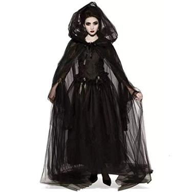 Imagem de Bigfanshu Fantasias femininas assustadoras de Halloween, fantasia de noiva fantasma, vestido preto, conjunto de capa de vampiro diabo Terror Terror, Preto, X-Large
