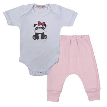 Imagem de Conjunto Body Manga Curta Bordado Panda Rosa e Calça Suedine Mijão Culote - Roupa Bebê Menina-Masculino