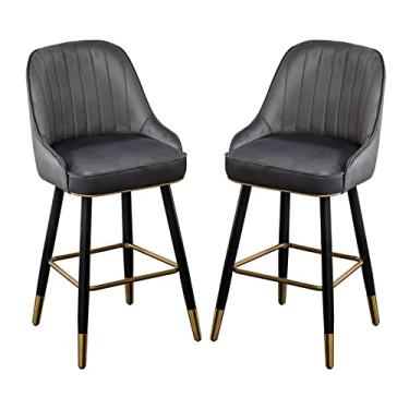 Imagem de Cadeiras de jantar cadeiras de sala de jantar elegantes bancos de bar conjunto de 2 cadeiras de balcão de cozinha de veludo com encosto, cadeiras de bar de café da manhã bancos altos para cozinha ilha/bar doméstico, rosa/verde/azul/cinza claro/amarelo