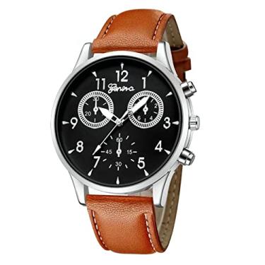 Imagem de Leatrom Relógio casual masculino moda três pequenos círculos decoração relógio masculino negócios masculino relógio prata ponteiro prata, Pulseira marrom com mostrador preto, Casual