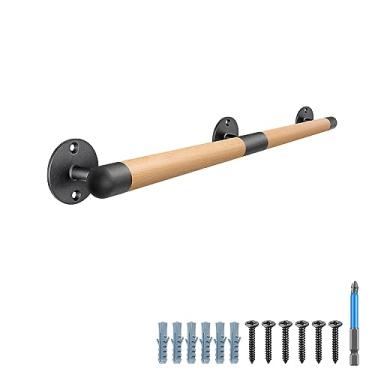 Imagem de SELEWARE 34 Inch Wood Handrail Indoor Stair Handrail Drywall Mount Handrail w/Sturdy Metal Barckets, Barrier-Free Staircase Grab Bar for Elderly, 1.3 Inch Round