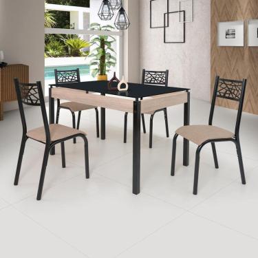 Imagem de Conjunto Sala de Jantar Mesa Jade 120x75cm Tampo Vidro com 4 Cadeiras Ciplafe Preto/Linho Bege