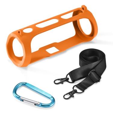 Imagem de Generic Capa de silicone compatível com alto-falante JBL FLIP Essential 2, gel macio para viagem, bolsa de borracha impermeável, capa protetora com alça de ombro e mosquetão (laranja)