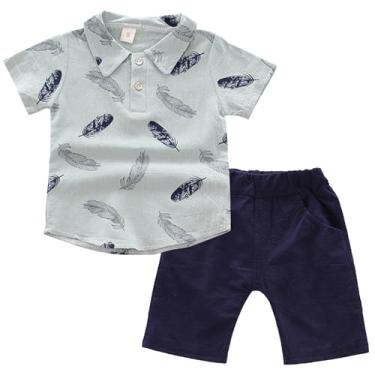 Imagem de Kunyeah Conjunto de roupas de verão para meninos e bebês, camisa polo azul, shorts com estampa de penas, shorts, Verde, 1-2 Anos