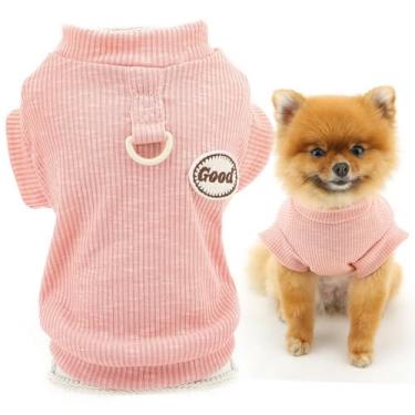 Imagem de SMALLLEE_LUCKY_STORE Camisa de malha para cães pequenos, pulôver de animal de estimação sólido com remendo de letra e anel D, roupas elásticas de verão primavera camiseta de cachorro camiseta