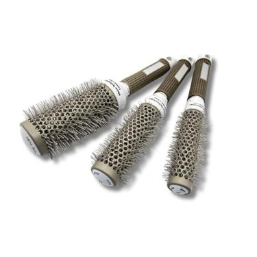 Imagem de Kit de 3 Escovas Redonda Cerâmica Iônica Térmica Com Cerdas de Nylon Firme e Mais Resistentes para Penteados e Volumes para Secagem por Sopro Escovinha Metálica Vazada.