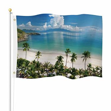 Imagem de Yekiua Bandeira de cena de praia 3X5 trópicos ao ar livre oceano palmeira luz do sol litoral do mar natureza bandeiras de dupla face para todos os climas de longa duração com 2 ilhós de latão