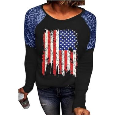 Imagem de Decogiver Camiseta feminina Memorial Day bandeira americana 4 de julho EUA estrelas listras manga longa camisetas patrióticas, Bandeira nacional preta - azul marinho, GG