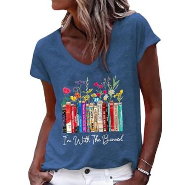 Imagem de jusgai Camiseta feminina I'm with the Banned Flowers Book Lover Gift Bibliotecária Floral Teacher Camiseta de manga curta, Azul, M