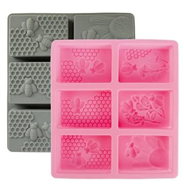 Imagem de Conjunto de moldes de fondant de silicone em forma de favo de mel 3D molde de chocolate moldes de bolo de abelha 3D assadeira para biscoitos pudim de musse molde de assar muffin diamante - rosa e cinza