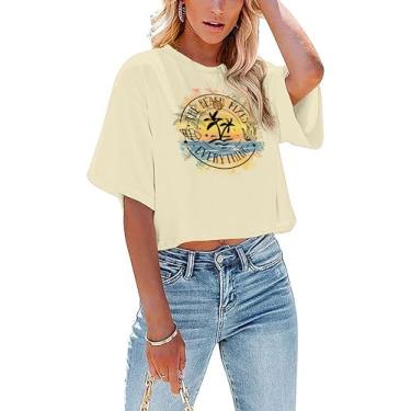 Imagem de CAZYCHILD Camisetas havaianas femininas para sol, sal e areia, coqueiro, verão, praia, estampado, camiseta cropped casual, Bege, P