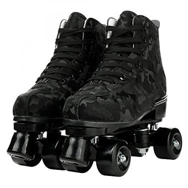 Imagem de Patins femininos clássicos patins de rolo de cano alto patins de quatro rodas patins de camuflagem brilhante para adultos jovens meninos meninas ao ar livre com bolsa de sapatos (camuflagem preta, 38