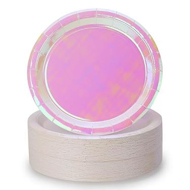 Imagem de Pratos de papel iridescente rosa 22 cm (pacote com 50) pratos de papel de jantar arco-íris descartáveis redondos para bolos, salada, pizza, holográfico, rosa claro, suprimentos de festa pastel para