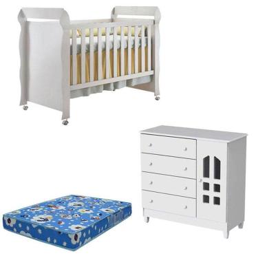 Imagem de Berço Americano Mirelle E Cômoda Infantil Selena Branco Brilho Com Colchão - Carolina