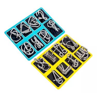 Imagem de Conjunto De Quebra-Cabeça Metal Puzzles, Quebra-Cabeça De Metal Montessori/Desafio Mental, Desembaraçador de elos de ferro - 16 peças (Azul e Amarelo)