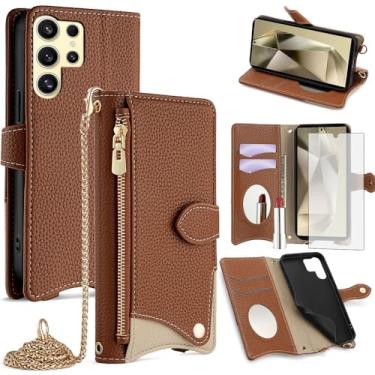 Imagem de Asuwish Capa de celular para Samsung Galaxy S24 Ultra 5G Capa carteira com protetor de tela de vidro temperado e capa flip espelhada com suporte para cartão com alça transversal S24Ultra 24S S 24