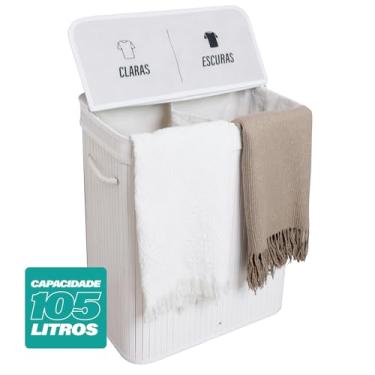 Imagem de Cesto de Roupas Com Divisória Roupeiro Bambu Artiko Pratic+ Organizador Com Tampa 105L (Branco)