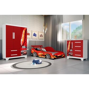 Imagem de Conjunto Quarto Infantil Carros Cama Infantil com Proteção Lateral Cômoda Roupeiro Mdf - Vermelho
