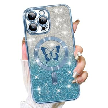 Imagem de Fiyart Capa projetada para iPhone 15 Pro Max, compatível com MagSafe Butterflies Plating Camera Protection Clear Phone Case, Glitter magnético para mulheres e meninas à prova de choque 17 cm - azul
