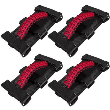 Imagem de 4 puxadores de barra de rolagem para Jeep Wrangler YJ TJ JK JKU JL JLU Sports Sahara Freedom Rubicon Unlimited & Gladiator JT 1955-2022 UTV Paracord premium (vermelho)