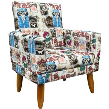 Imagem de Poltrona Infantil Decorativa Confortável Para Quarto Suede Com Estampa Gatos Pés Castanhos