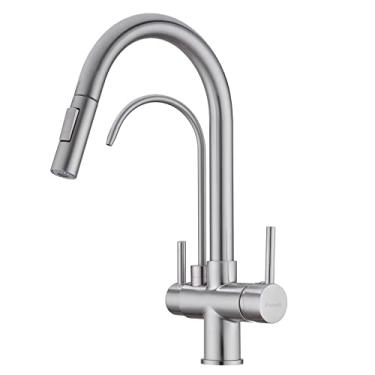 Imagem de TUTEW Torneira de cozinha com pulverizador de puxar para baixo, torneira de pia de cozinha com torneira de água potável, 2 alças torneiras purificadoras de filtro de água 3 em 1, níquel escovado