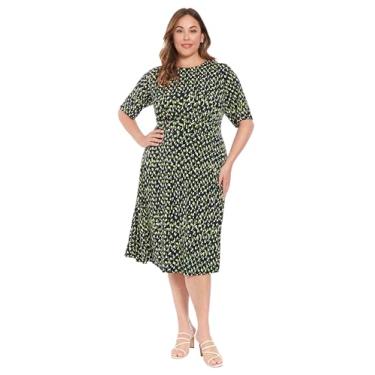 Imagem de London Times Vestidos de trabalho elegantes de meia manga até o meio da panturrilha para mulheres, Azul marinho/verde arara, 25 Plus Size
