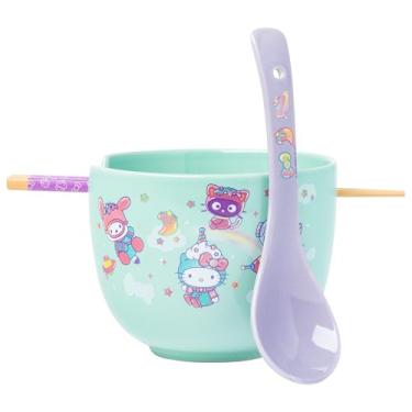 Imagem de Silver Buffalo Sanrio Hello Kitty and Friends Dreamland Tigela de cerâmica Ramen com pauzinhos e colher com Hello Kitty, My Melody, Chococat e Keroppi, 590 ml