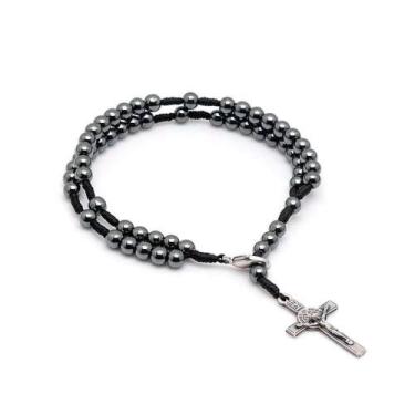 Imagem de Pulseira Terço Hematita 4mm Cruz c/ São Bento - Santa Clara