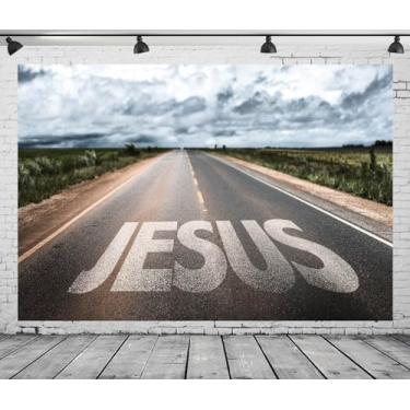 Imagem de CORFOTO 2,1 x 1,5 m Tecido Jesus Escrito na Estrada Rural Pano de Fundo para Fotografia Cenário de Rodovia Cristão Jesus Cristo Decorações de Natal Dia de Páscoa Photoshoot Booth Studio Adereços