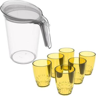 Imagem de 6 Copos Amarelos 300ml e 1 Jarra Transparente 2L com Tampa Água Suco C