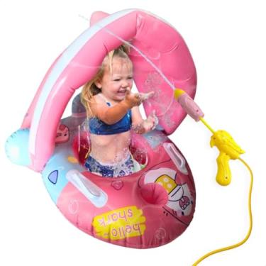 Imagem de Kit 2 em 1 Boia infantil para bebe bote inflável com proteção contra sol cobertura + arminha de água presente menino natal aniversario menina 1 ano 12 meses dia das crianças (Rosa)