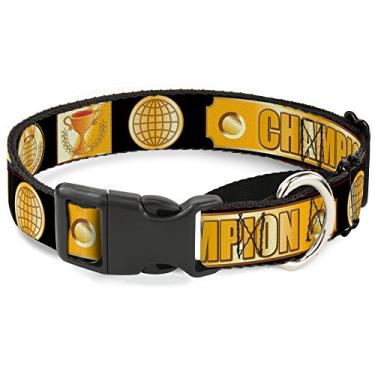 Imagem de Buckle-Down Coleira Champion Belt/Icons Gamarra para cães, preto/dourado, 2,54 cm de largura, serve para pescoços de 23 a 38 cm - P