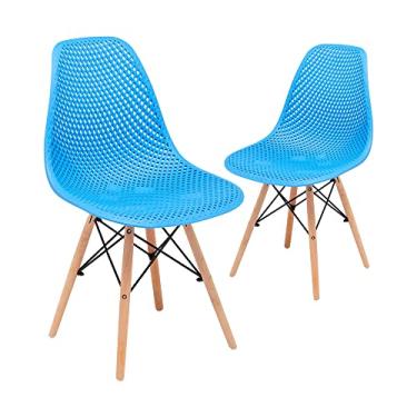 Imagem de CangLong Cadeira lateral sem braço de plástico com design de costas vazadas da Dining Mid Century Modern DSW com pernas de madeira de faia, conjunto de 2, azul 2