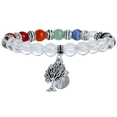 Imagem de Pulseira Nupuyai com pedra de árvore da vida unissex, elástica com 7 chacras, pulseira de pulso para homens e mulheres Multicor