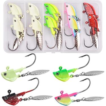 Imagem de Underspin Jig Heads, 10 peças de ganchos de pesca com lâminas, isca de natação, gabarito de cabeça com girador, brilhante, colorido, pintado com peso giratório, iscas para pesca de truta de peixe