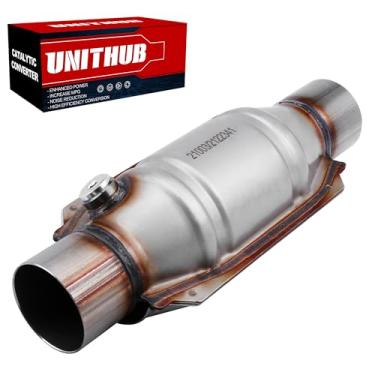 Imagem de UNITHUB Conversor catalítico universal de 2,5 polegadas 6,3 cm Conversor Cat de entrada/saída com escudo de calor e porta do sensor de oxigênio dianteiro de alto fluxo de substituição direta de aço