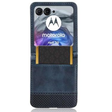 Imagem de Capas Compatível com MOTO Razr 50.Estilo Retro Design de pé Leather Flip Case com slots de cartão de carteira.Capas para MOTO Razr 50-Blue