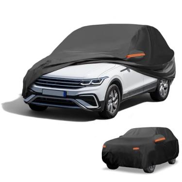 Imagem de Partuto Capa de carro à prova d'água para todos os climas, automotiva, externa, anti-UV, proteção contra chuva e sol, cobertura externa completa para Volkswagen Tiguan 190T-PU preta com tiras
