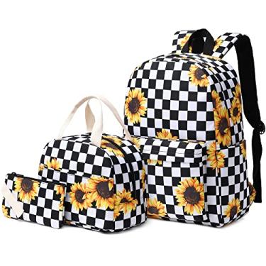 Imagem de Conjunto de mochila escolar para meninas, bolsa escolar para crianças adolescentes com lancheira, Girassol xadrez, Large