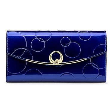 Imagem de Carteira feminina de couro genuíno longa, três dobras, fivela de couro brilhante, fivela de grande capacidade, padrão em relevo circulado, RFID e magnético antifurto, Azul, Estilo elegante