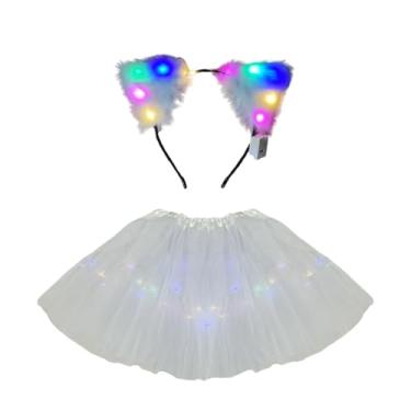 Imagem de Fantasia gato para carnaval kit saia de tule 40cm + tiara de gato com led completa (Branco)
