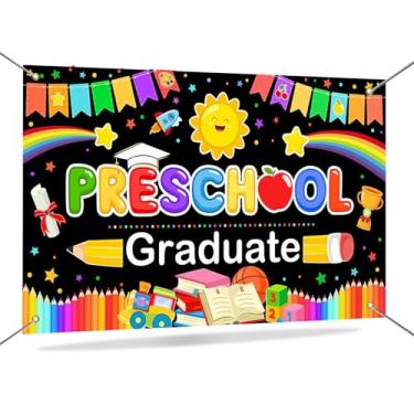 Imagem de Mocsicka Banner de pós-graduação infantil lápis arco-íris jardim de infância graduação foto fundo sala de aula parabéns cerimônia de graduação decorações adereços de foto 70,8 x 43,3 polegadas (preto)