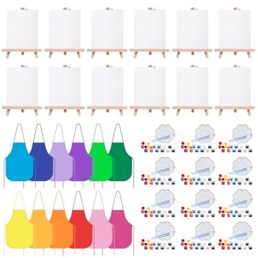 Imagem de Conjunto de 84 peças de pintura infantil; quadros de tela de 5 x 7 polegadas para pintura incluem 12 quadros de tela, pincéis, paletas, 12 conjuntos de tintas acrílicas, lona de avental, kit de