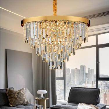 Imagem de YOLIZUOT Lustre De Cristal Dourado, Lustre Moderno De 20" Com 5 Níveis E 8 Luzes, Iluminação Pendente, Lustre Redondo Para Ilha De Cozinha, Sala De Jantar, Entrada, Quarto, Escritório