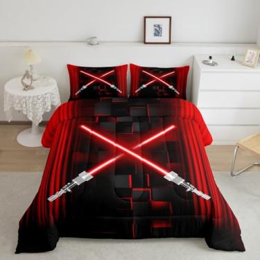 Imagem de Feelyou Conjunto de edredom solteiro vermelho e preto com sabre de luz para meninos e adolescentes, tecnologia do futuro, conjunto de edredom geométrico, luxuoso, decoração de quarto