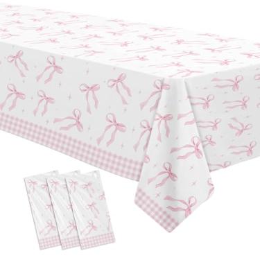 Imagem de Srua Don Toalha de mesa para decoração de festa com laço rosa, tema de laço feminino, capa de mesa para artigos de festa de aniversário, laço rosa, decoração de chá de bebê, pacote com 3, 218 x 139 cm