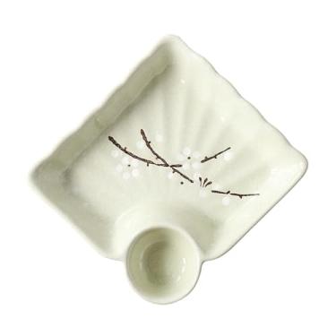 Imagem de Louça de cerâmica de flor de ameixa pintada à mão estilo japonês, prato quadrado de bolinho de massa de arroz doméstico - prato de bolinho de massa - verde claro
