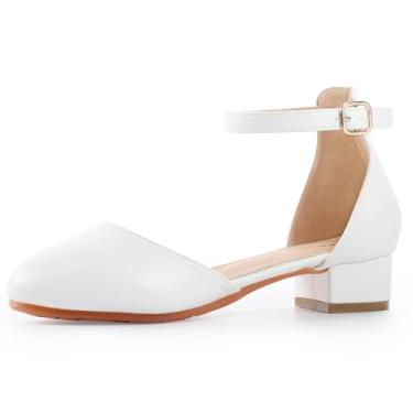 Imagem de Secret Slippers Sapatos sociais femininos com glitter – bico fechado salto alto grosso com tira no tornozelo para casamentos, festas e ocasiões especiais (crianças grandes), Poliuretano branco, 17