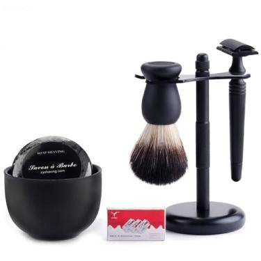 Imagem de Kit de barbear com duas camadas de segurança navalha com 2 camadas de aço inoxidável para barbear caneca de barbear sabonete creme de barbear sintético pincel de barbear cromado pesado suporte de barbear preto para homens